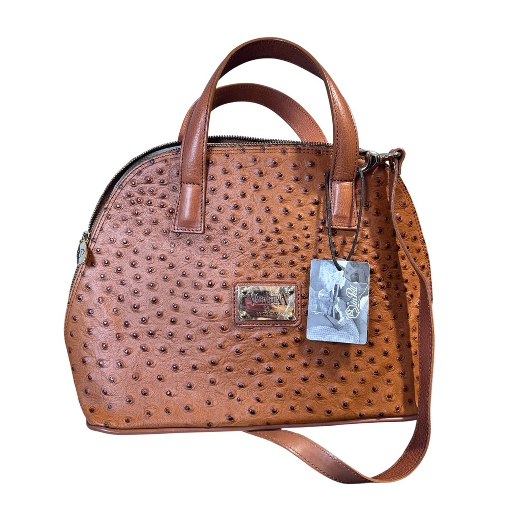 Valentina Italia Ostrich Embossed Leather Satchel Handbag NWT Cognac‎ Top Handle